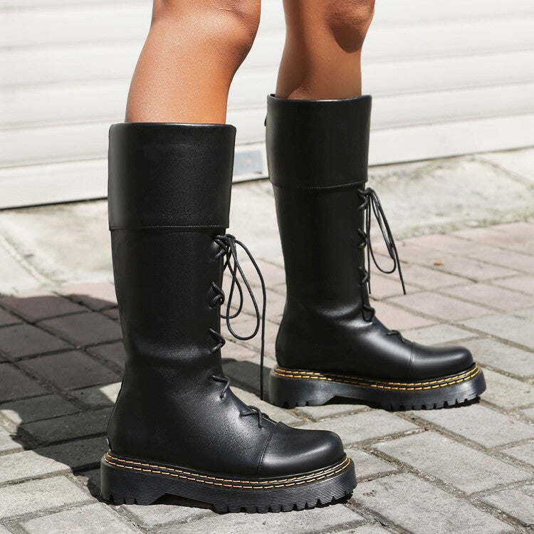 Women's High-Heeled Lace-Up Thigh-High Boots | Chunky Heel Round Toe PU Leather