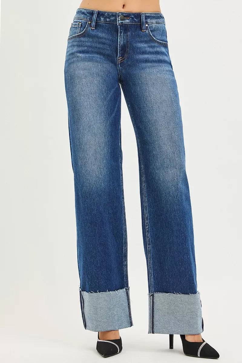 Mid Rise Wide Straight Jeans With Wide Cuff