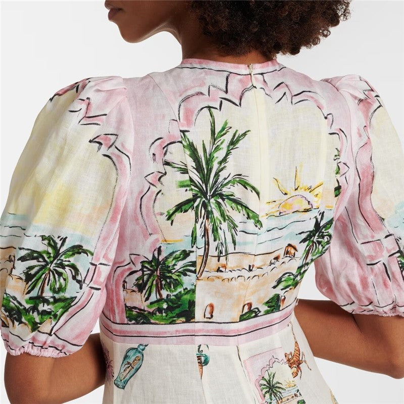 Stylish Printed Bubble Sleeve Bodycon Dress