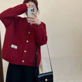 Solid Color Round Neck Single Breasted Knit Cardigan