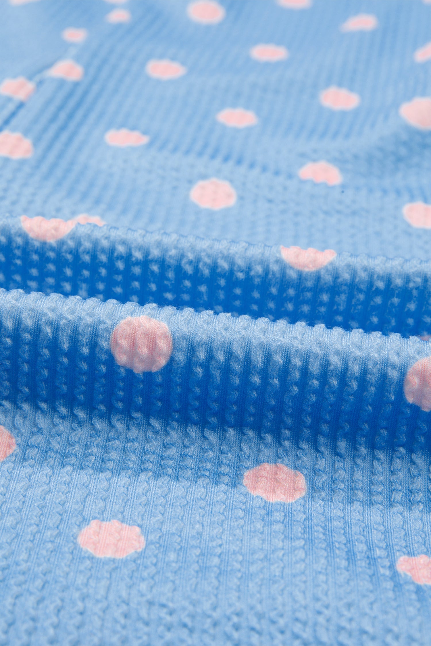 Sky Blue Raised Rib Polka Dot Print Cuffed Short Sleeve Top