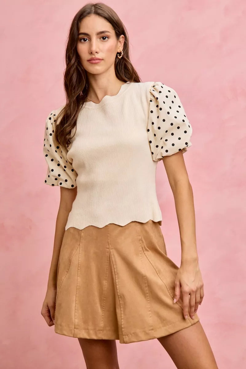 Polka Dot Contrast Woven Ballon Sleeve Blouse