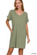 Brushed Dty Rolled Short Sleeve V-Neck Dress