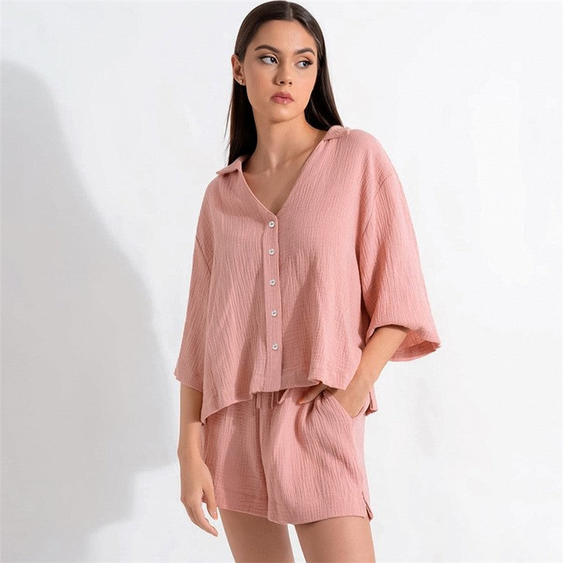Solid Color V-Neck Loose Fit Half Sleeve Blouse and Shorts Pajama Set