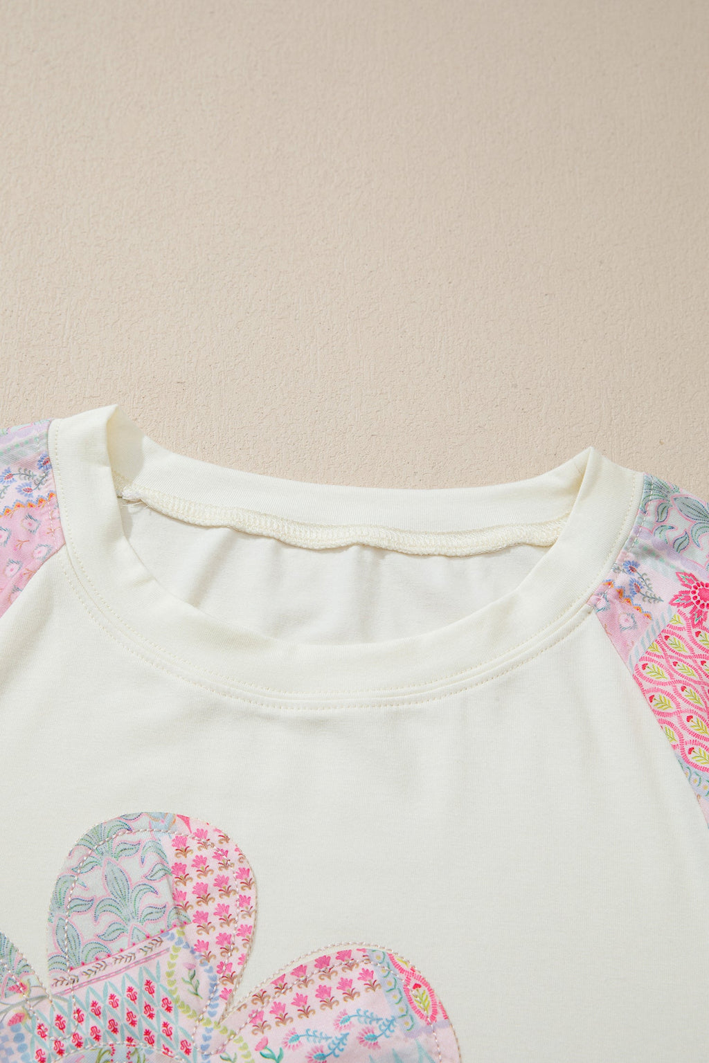 Beige Color Block Retro Floral Patchwork Long Sleeve Top