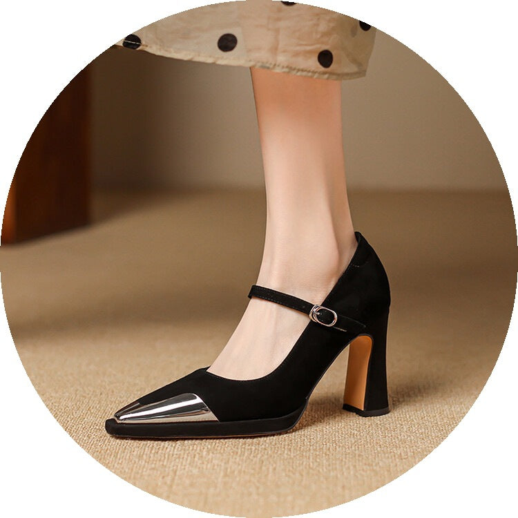 Women's Retro Square Toe Mary Jane Heels with Buckle Strap - Chunky High Heel Pumps