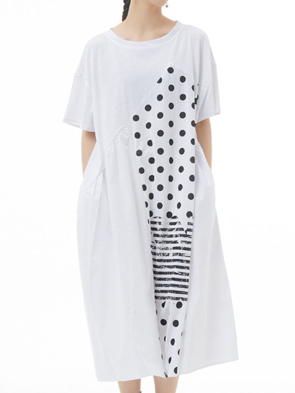Loose Polka-Dot Split-Joint Striped Round-Neck Midi Dresses