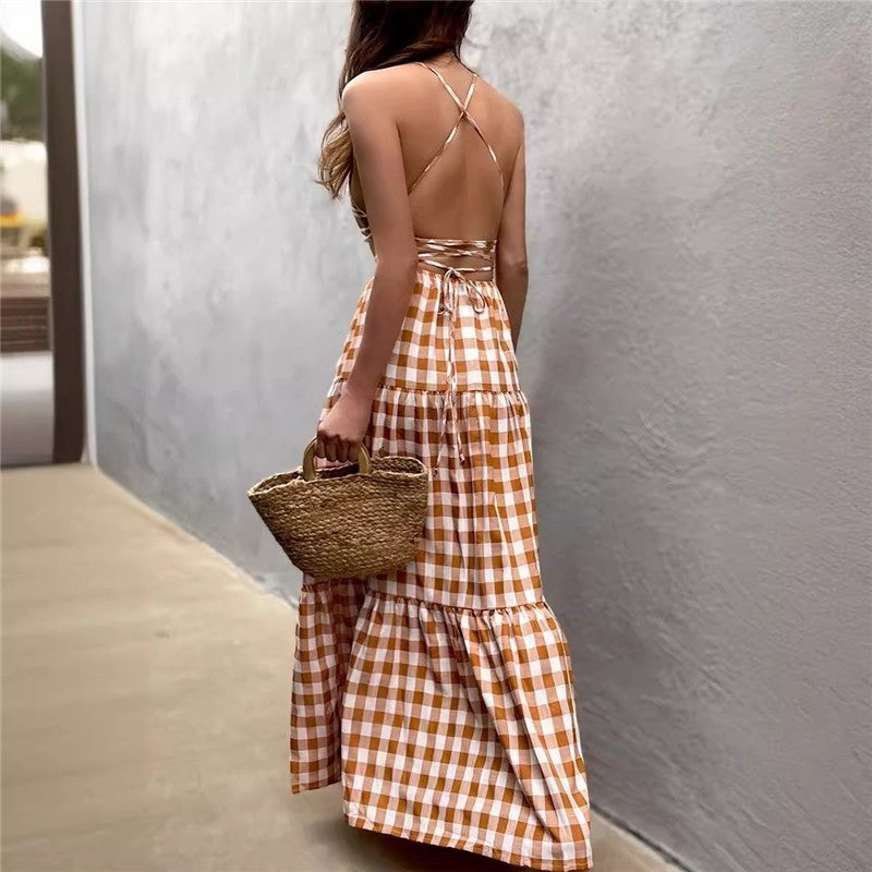 Strappy Plaid Maxi Dress with Tie-Waist - Casual and Chic