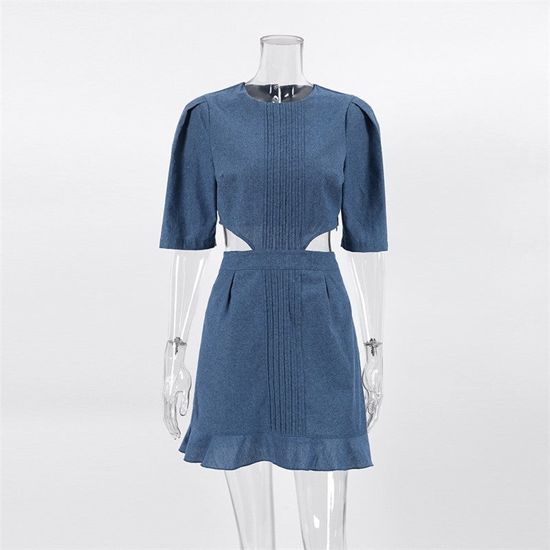 Denim Skirt with Bubble Sleeves and Low Waist - Casual Chic