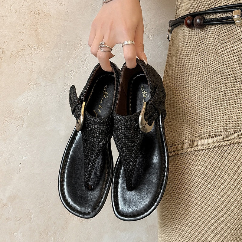 Women's Handwoven Cowhide Thong Sandals | Full-Grain Leather Ankle Buckle Flat Shoes