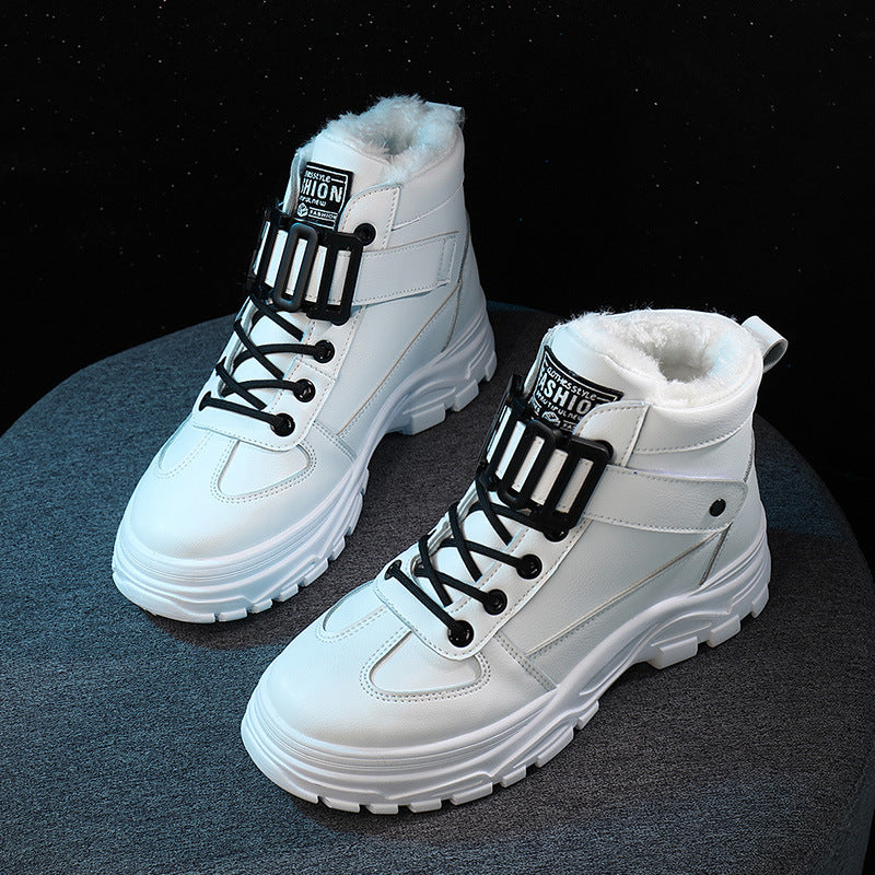 Women's Waterproof Platform High-Top Sneakers | Leather Stitching Plush Lining