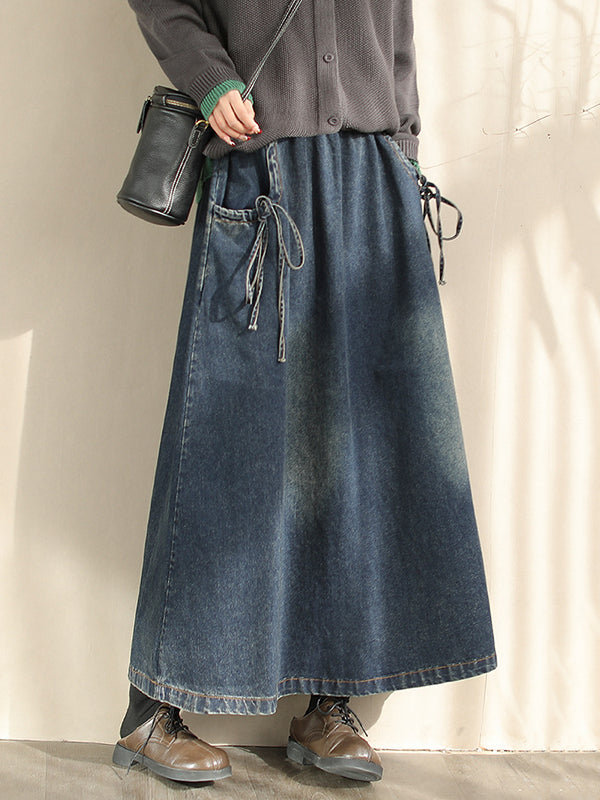 A-Line Loose Elasticity Pockets Tied Skirts Bottoms