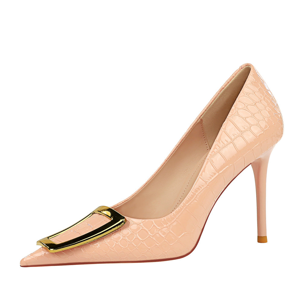 Women's Pointed-Toe High Heel Pumps with Metal Buckle - Elegant Stiletto Dress Shoes