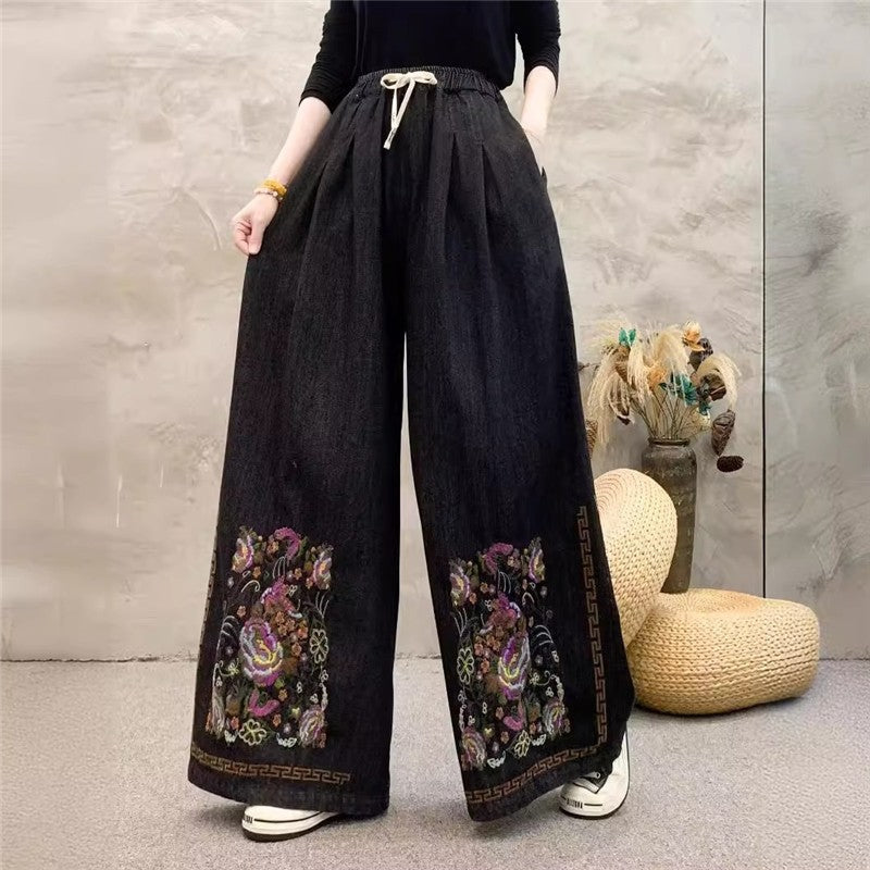 Embroidered Floral High-Waisted Wide-Leg Pants