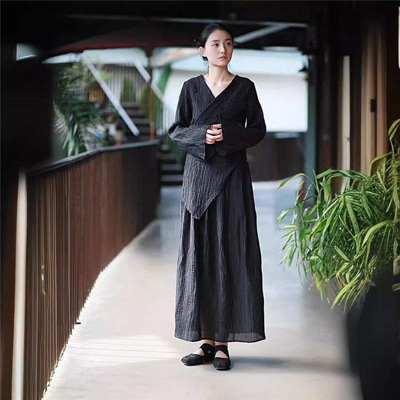 Solid Color Double-Layer Strap Shirt and Skirt Ensemble