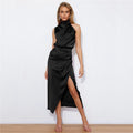 Solid Color Sleeveless High Waisted Slit Satin Maxi Dress