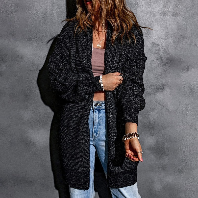 Oversized Solid Color Long Knit Sweater With Fleece Lining