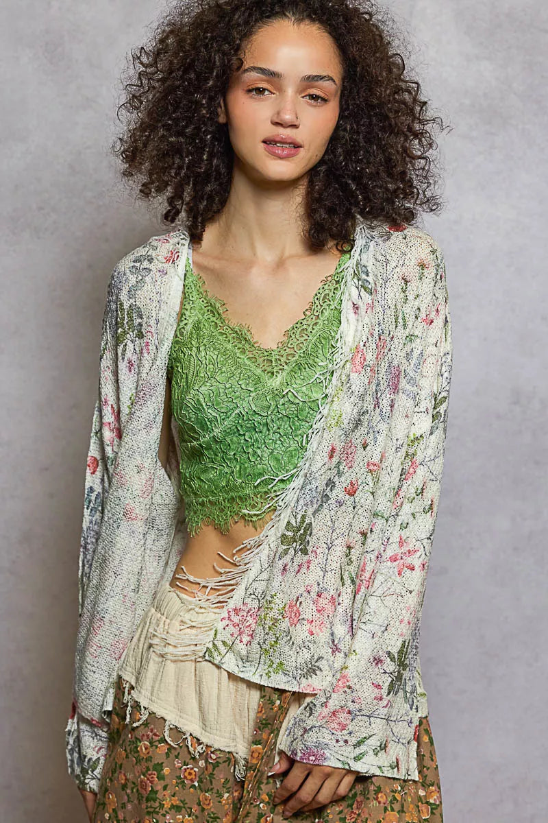 Open Front Floral Cardigan with Center Open Fringe