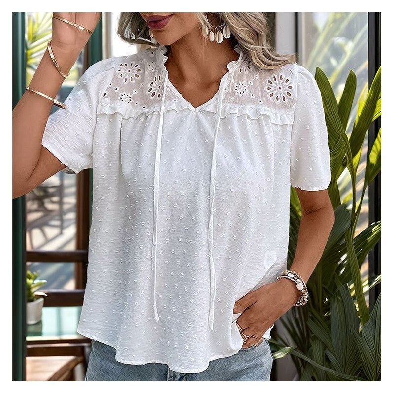 White V-Neck Embroidered Fashion Shirt