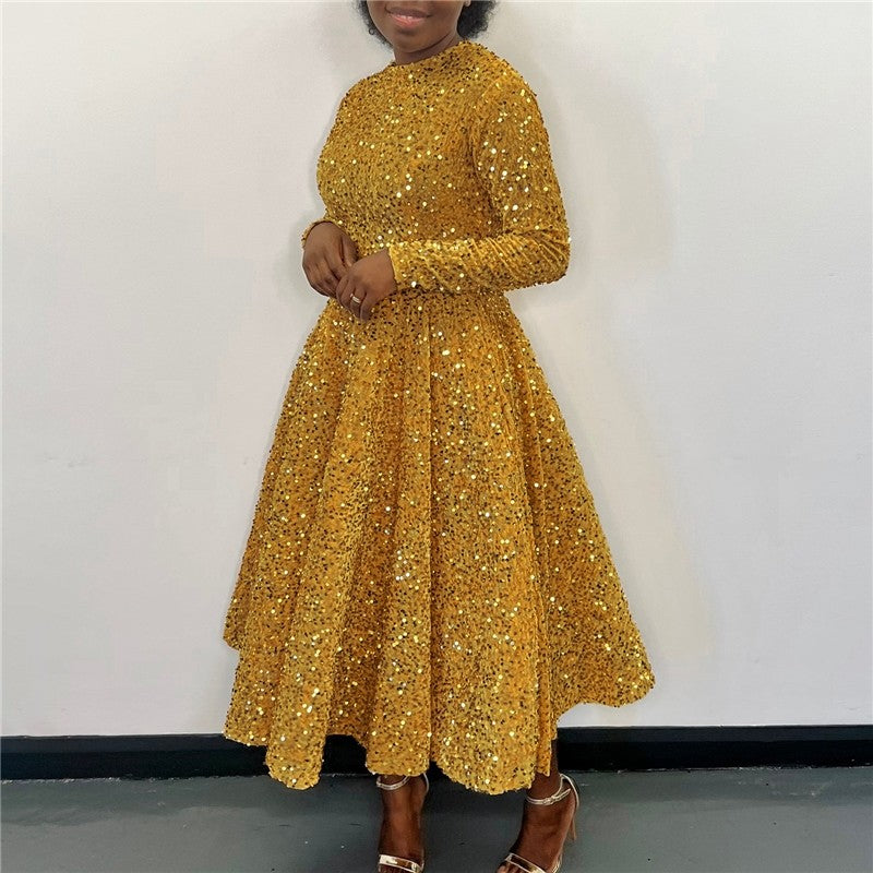Sequin Embellished Long Sleeve High Waist Formal Dress