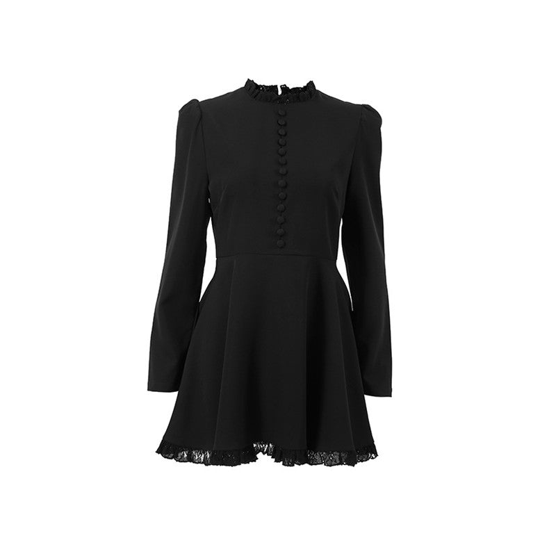 Solid Color Crewneck Long Sleeve A-Line Ruffled Hem Mini Dress
