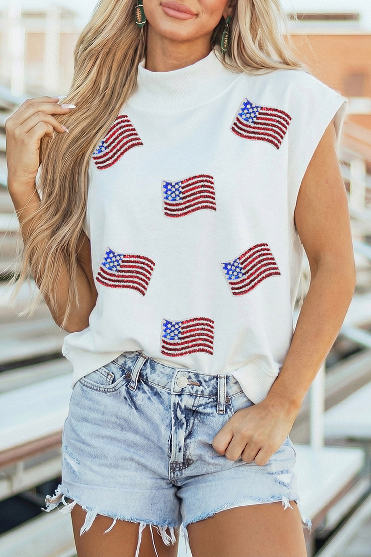 White Sequin American Flag Mock Neck Short Sleeve Top