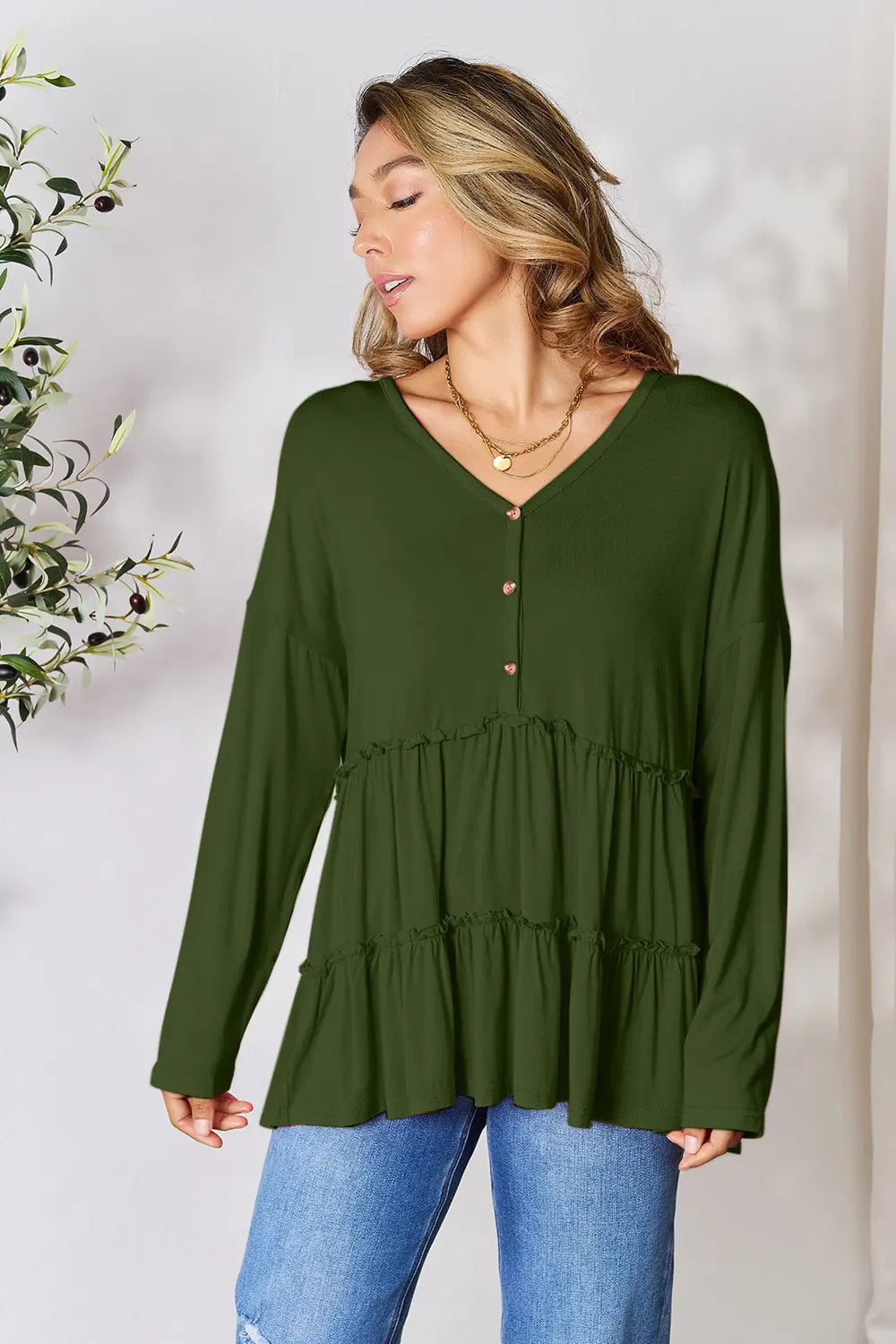 I am a Fashion Junky Take Half Button Long Sleeve Ruffle Hem Blouse