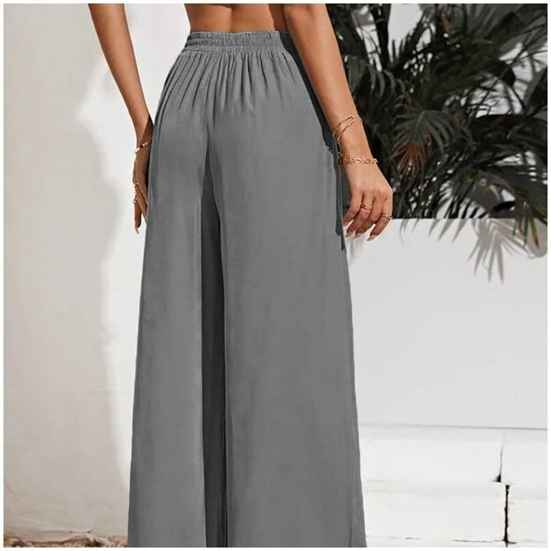 Elevated Solid Color High-Waisted Tie-Up Wide-Leg Trousers