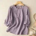 Women's Short Sleeve Cotton Linen Embroidered Lightweight Literary Pleated Blouse