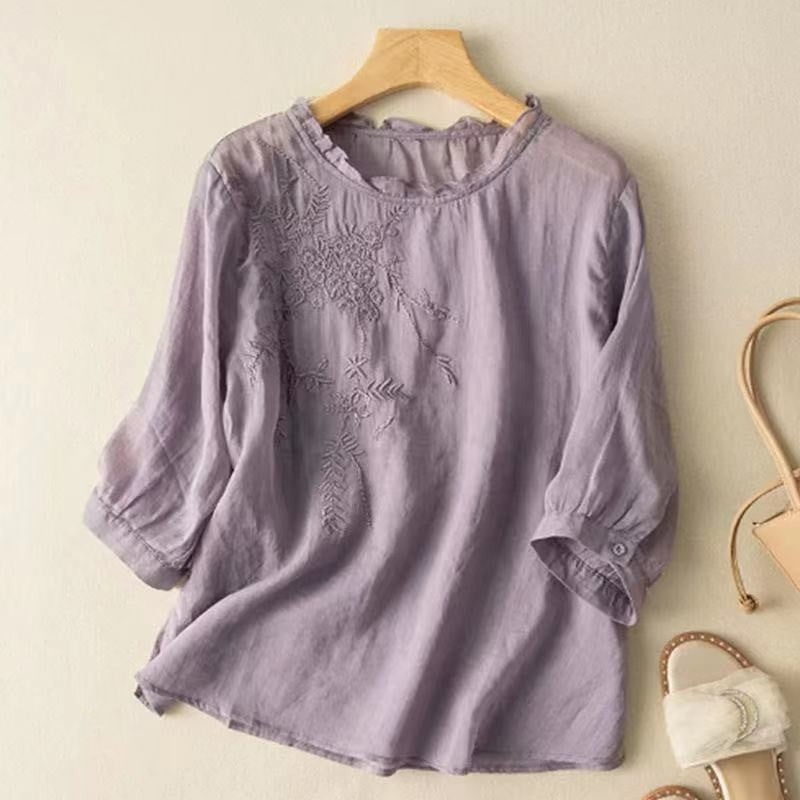 Women's Short Sleeve Cotton Linen Embroidered Lightweight Literary Pleated Blouse