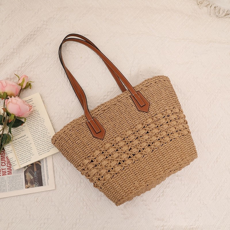 Straw Woven Tote with Hollow-Out Design and Spacious Interior