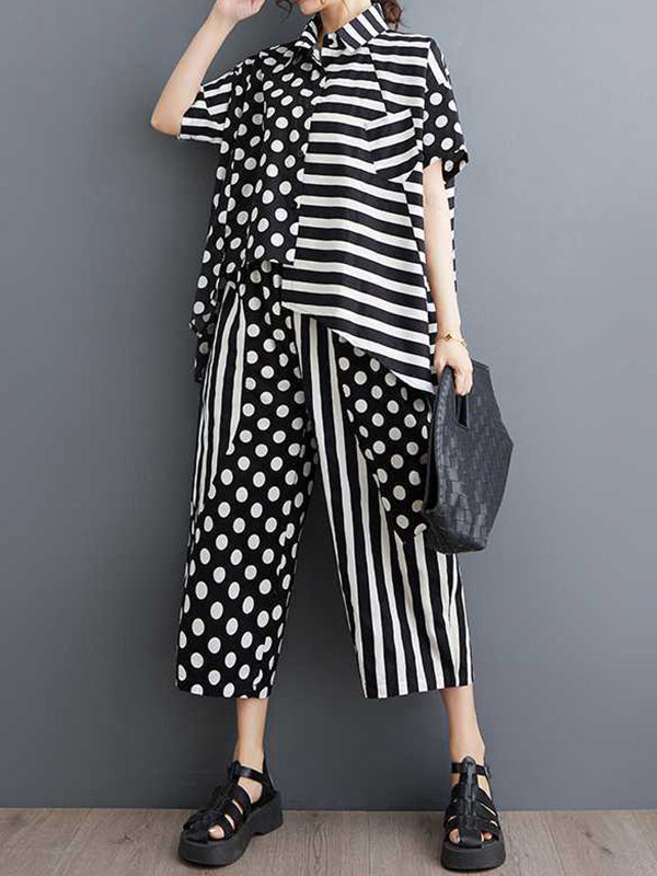 Half Sleeves High-Low Asymmetric Contrast Color Polka-Dot Split-Side Striped Lapel Blouses Top + Pants Bottom Two Pieces Set