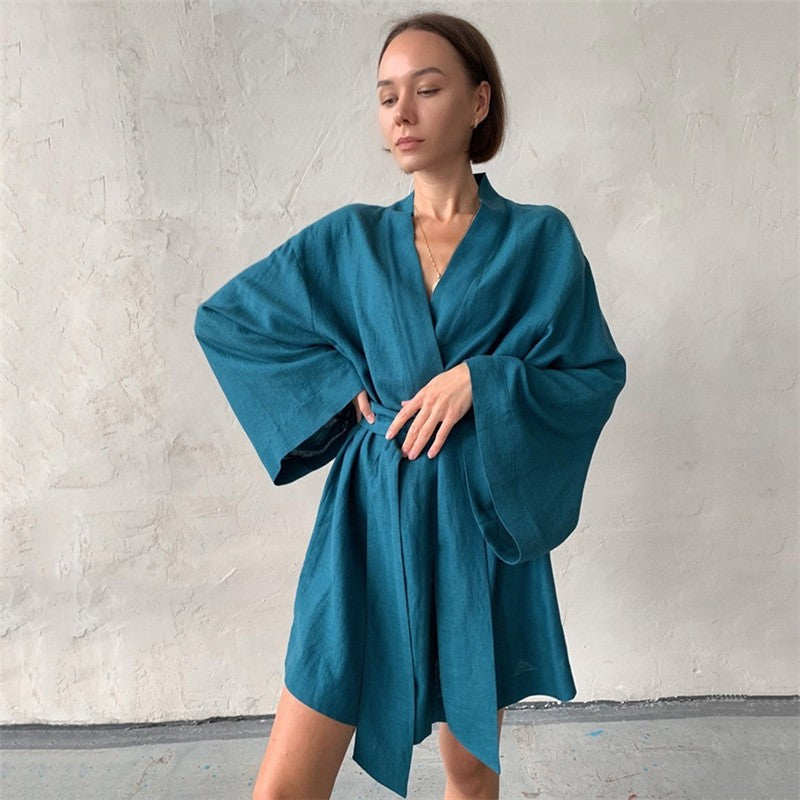Women's Lightweight Cotton Linen Long Sleeve Cardigan Robe