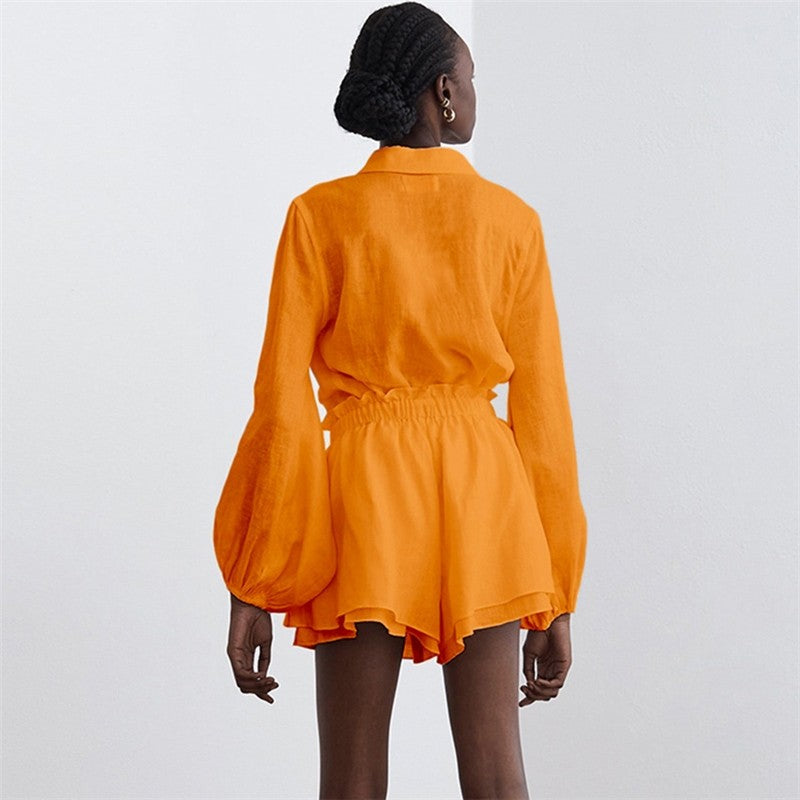 Solid Color Long Sleeve Lapel Single Breasted Blouse and Shorts Set
