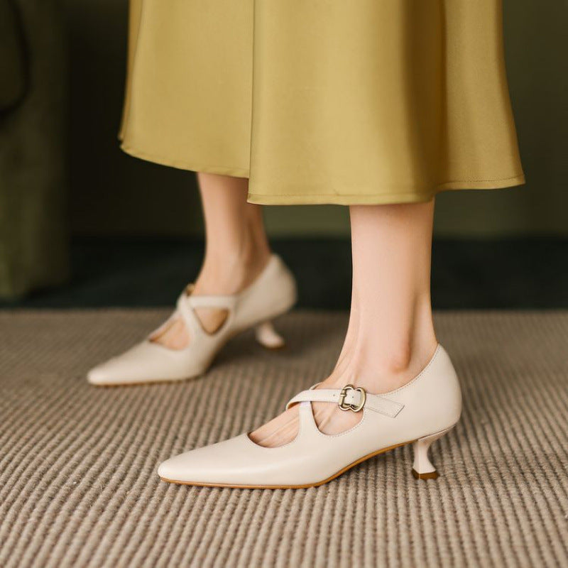 Women's Elegant Mid-Heel Stiletto Pointed-Toe Mary Jane Shoes | Slip-On Dress Shoes