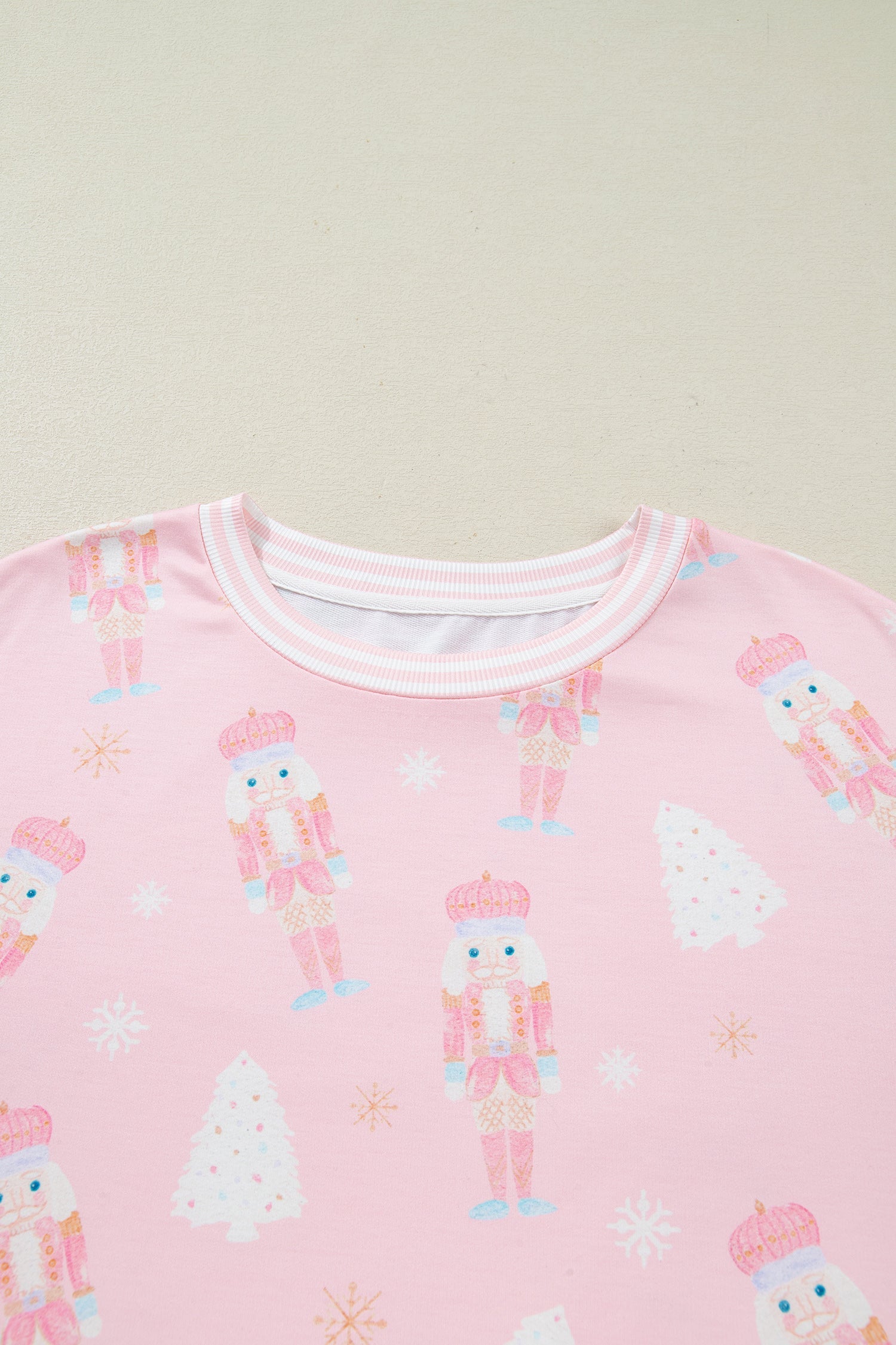Pink Christmas Tree Nutcracker Doll Print Contrast Trim Long Sleeve Top Matching Shorts Set