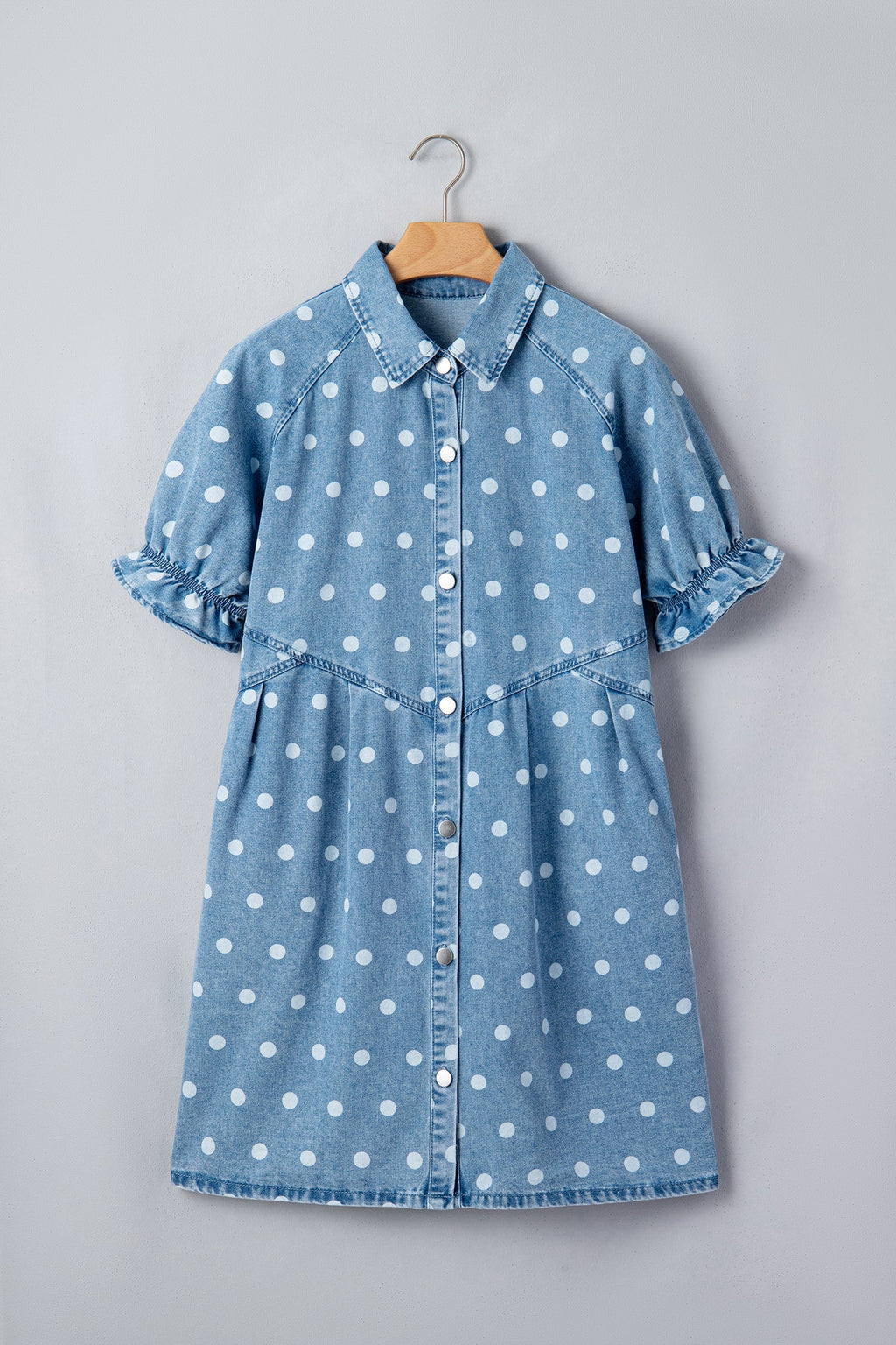 Sky Blue Polka Dot Print Ruffled Short Puff Sleeve Button Down Loose Denim Dress