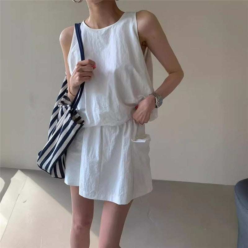 Solid Color Sleeveless Vest and Shorts Set