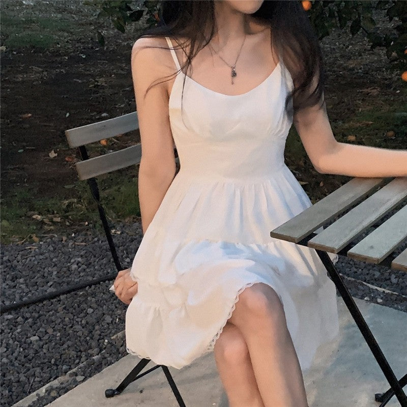 Halter Neck Lace Trim Sleeveless Solid Color Dress