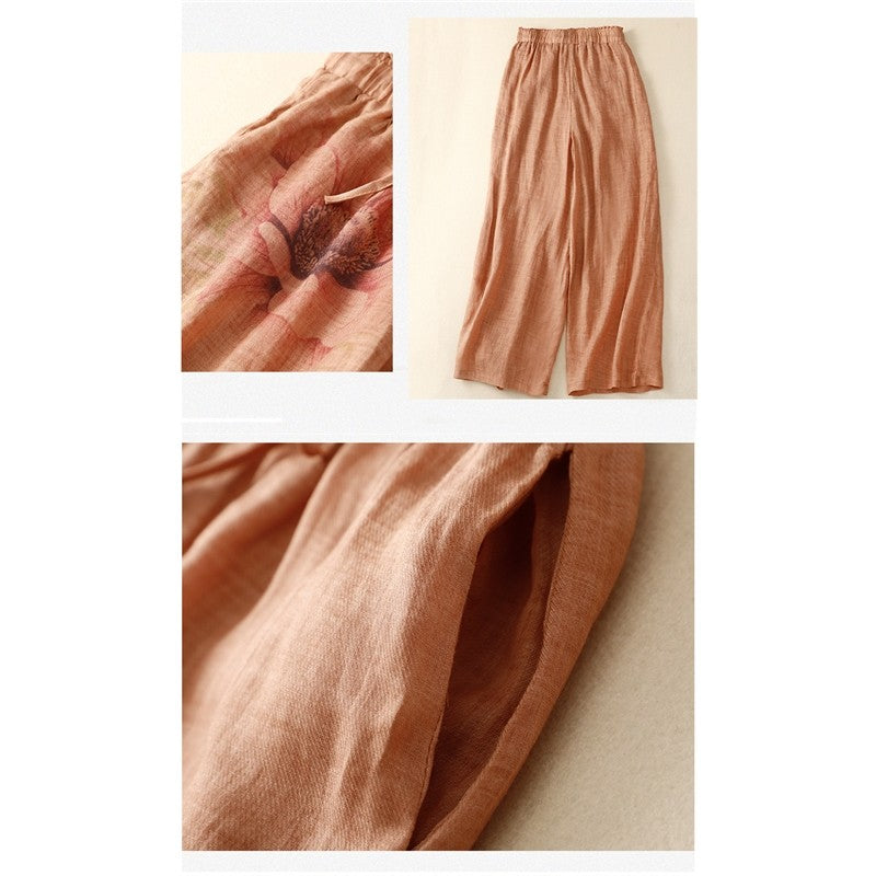 Vintage Women's Cotton Hemp Elastic Waist Lace-Up Wide Leg Trousers