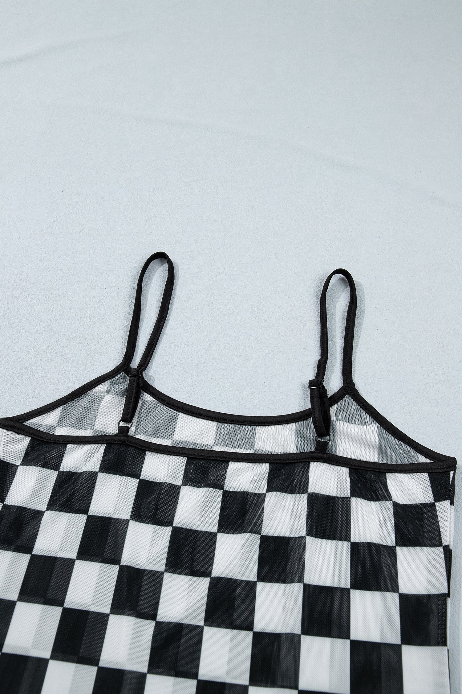 Black Sheer Checkered Print Spaghetti Straps Slim Tank Top