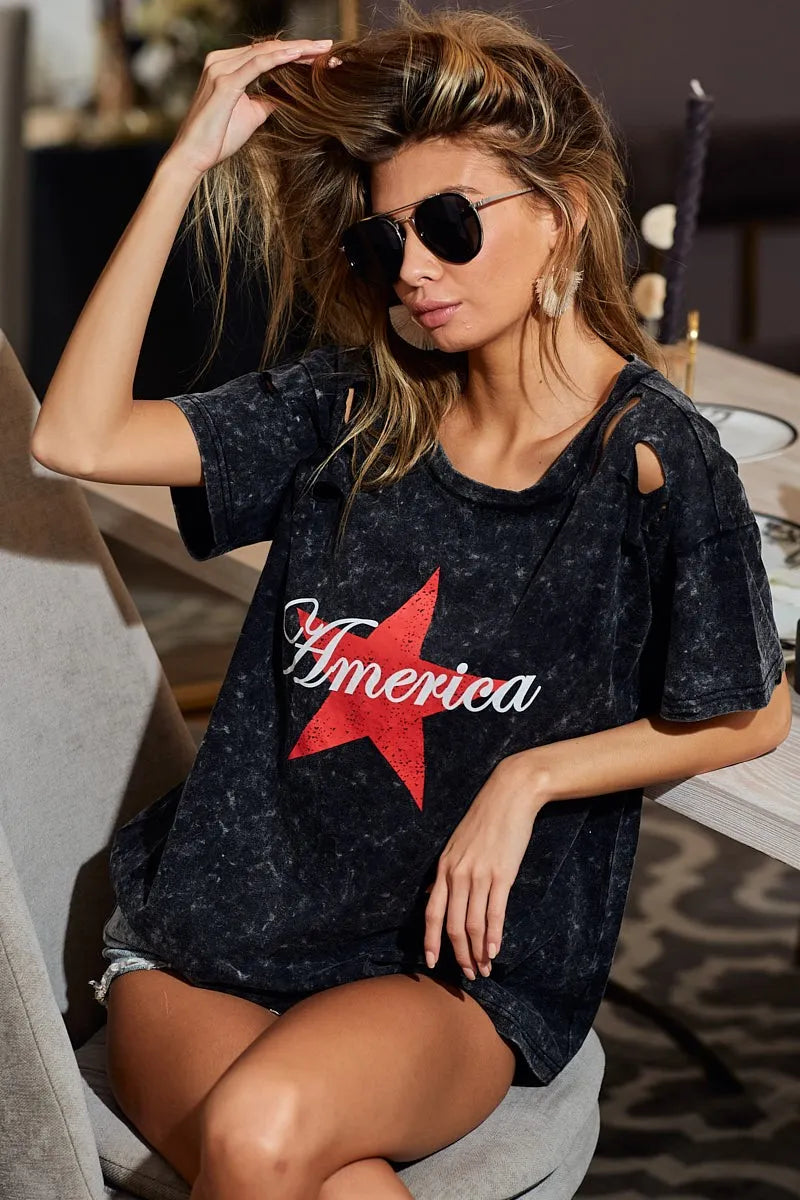 Laser Cut Mineral Washed Jersey Top with America