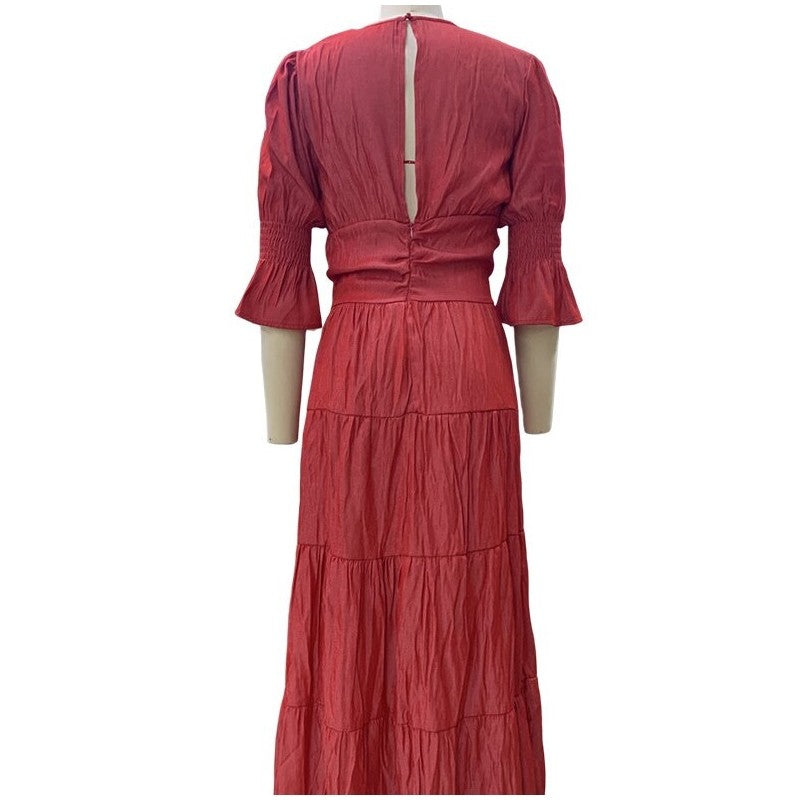 Chic Solid V-Neck Long Sleeve Midi Dress
