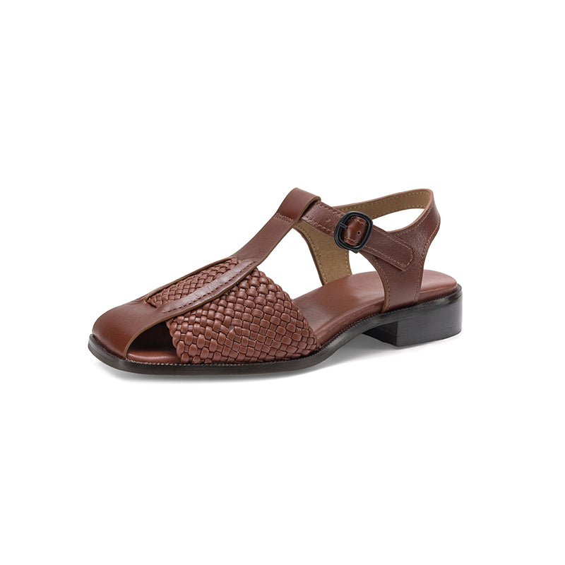 Women's Woven T-Strap Block Heel Sandals | Oiled Cowhide Square-Toe