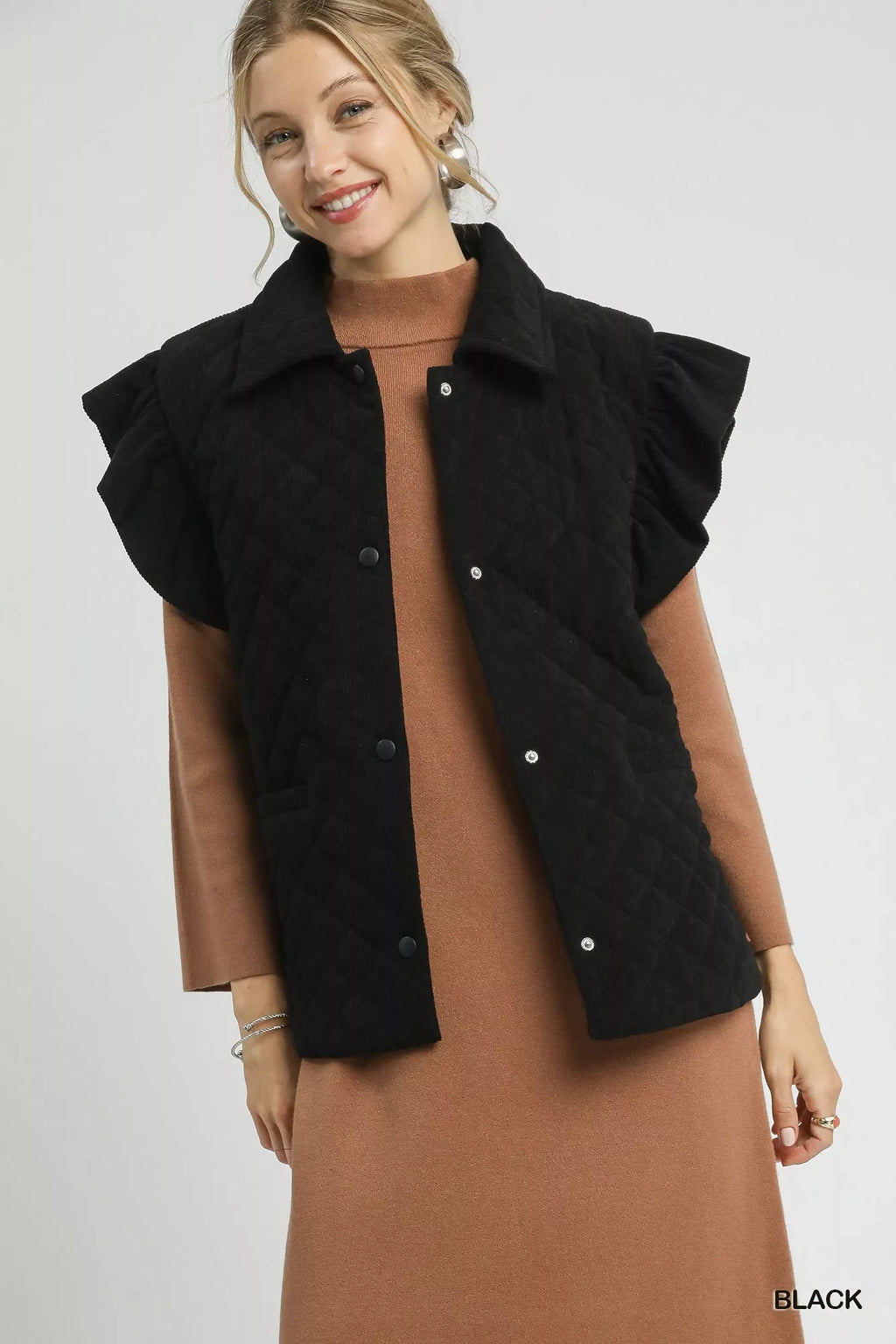 Corduroy Quilted Ruffle Sleeve Vest