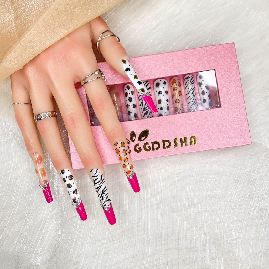GGDDSHA Nails 10pcs Handmade Press On Nails -GlitterGold Diamond Extra Long Stiletto Reusable Gel UV FinishedFalse Nails, Designer Fashion 3D Hand-painted Nails ,Diamond Zebra