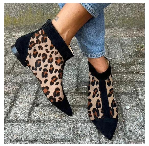 Women's Leopard Print Pointed-Toe Low Heel Shoes | Suede Back-Zip Casual Flats