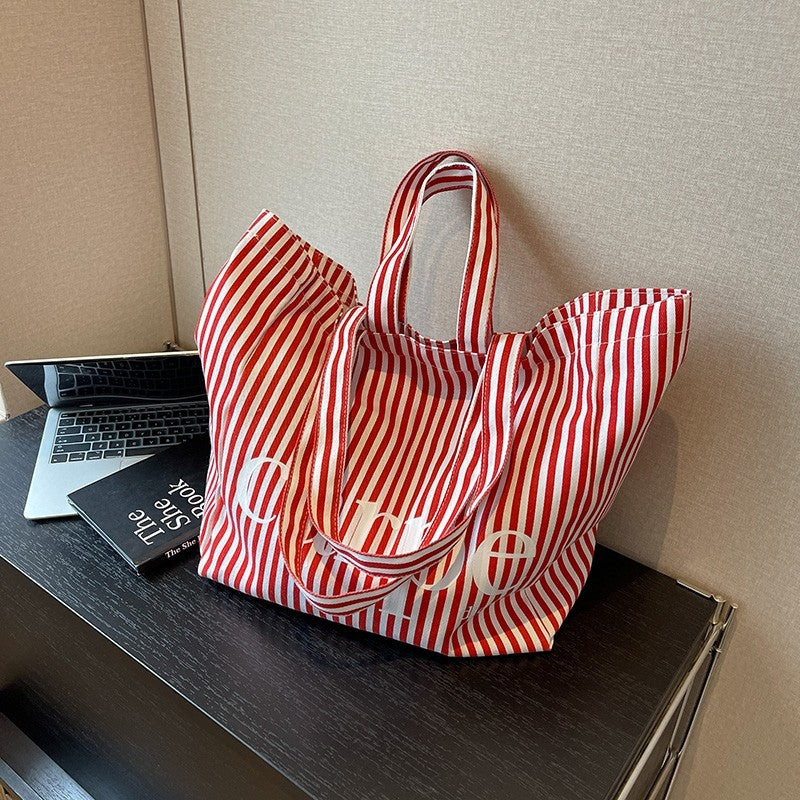 Striped Letter Canvas Tote Bag with Large Capacity