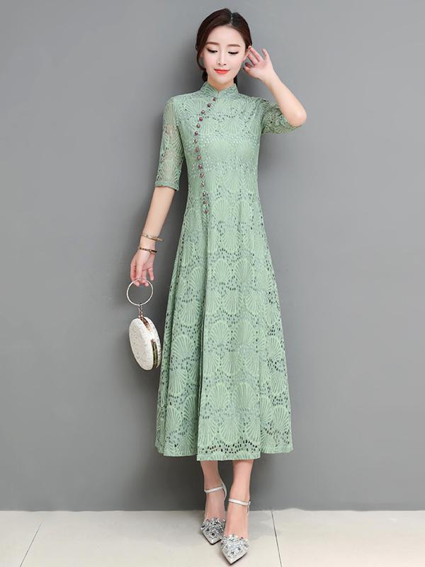 Red&Green Lace A-line Long Cheongsam Ao Dai