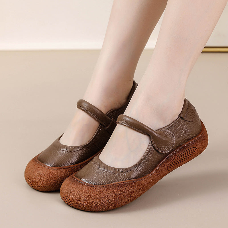 Women's Retro Flat Round-Toe Velcro Shoes – Genuine Leather | Black, Brown, Khaki